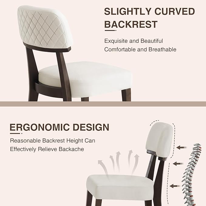 Modern Wood Dining Chairs Set of 2, Velvet Upholstered Kitchen Chairs with Open Curved Backrest & Black Hardwood Legs for Vanity, Living Room, 350 LBS Capacity, White