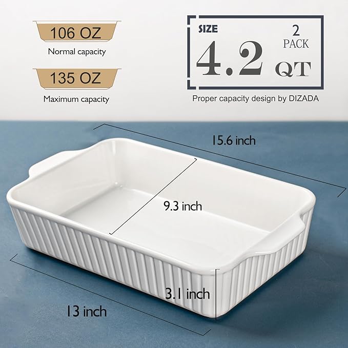 Dizada 9x13 Casserole Dish Set of 2 - Deep 4.2 Qt Porcelain Baking Dishes, Ceramic Bakeware for Lasagna, Roasts, Cake, Oven Microwave Safe(NO LIDS)
