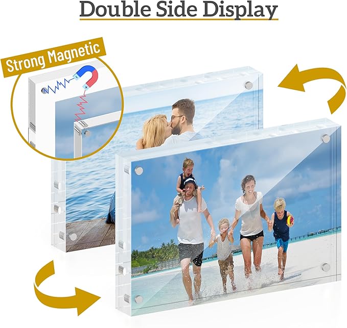 4x6 Acrylic Picture Frame 3 Pack, 20mm Thick Magnetic Double Sided Display 20% Thicker- Frameless Clear Transparent Photo Frame for Desktop/Tabletop, Self Standing with Microfiber Cloth