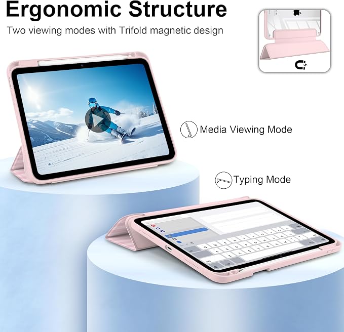 MecBevia Case for iPad Air 11-inch M4 2026 / M3 2025 / M2 2024 | Built-in Pencil Holder Shockproof Clear Hard Back Trifold Stand Auto Wake/Sleep Blue Bow