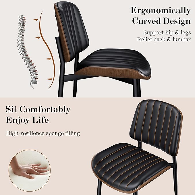 Dining Chairs Set of 2, Mid-Century Modern Upholstered PU Leather Chairs with Walnut Bentwood Back and Metal Legs Adjustable Feet for Kitchen Dining Living Room, Dark Black Vertical Stripes