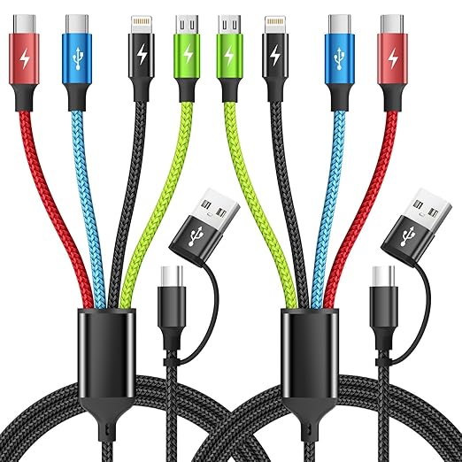 4 in 1 Multi Charging Cable 2 Pack 6FT Charging Cords for Devices | Nylon Braided USB C Car Charger Cable with Dual USB-C IP &amp Micro Ports Long Travel Charging Cord for Cars