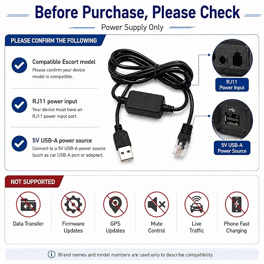 USB to RJ11 Radar Detector Power Cord 12.1ft USB Power Cable for Escort | Compatible with Escort MAX 360c MAX 360 iX iXc 9500ix MAX 3 MAX 4 MAX 360c MKII Redline 360c and Select RJ11 Models