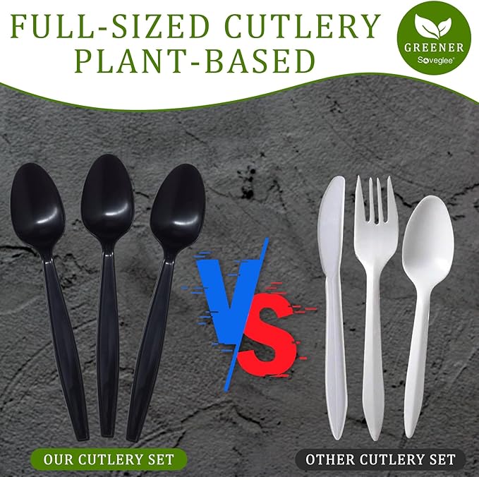 100% Compostable Spoons, 300 Disposable Spoons, Black No Plastic Spoons, BPA-Free Heavy Duty Disposable Utensils, Ecofriendly Compostable Cutlery for Party Wedding Picnic