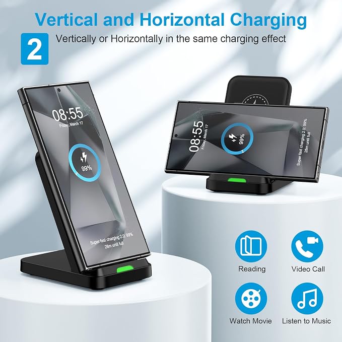 Google Pixel 9 10a 15W Wireless Charger Stand Phone Station with QC Adapter | for Google Pixel 10 Pro Fold 10 Pro 10 9a 9 Pro Fold 8a 8 Pro 7a Desk Android Wireless Fast Charging Dock Pad 2 Pack Bla