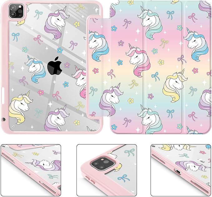 Case for iPad 12.9 Inch (6th/5th/4th/3rd Generation 2022/2021/2020/2018) Pencel Holder + Trifold Support Auto Sleep/Wake Transparent Shockproof Back Cover Abstract Floral SD163
