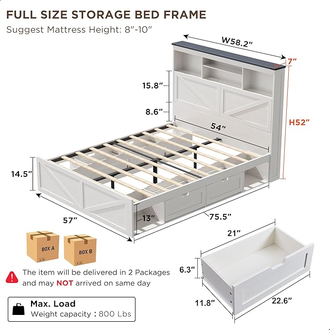ACCOHOHO Full Bed Frame with 52" Tall Headboard and 4 Drawers,LED Light,Charging Station,Solid Wood Slats Support,No Box Spring Needed,White