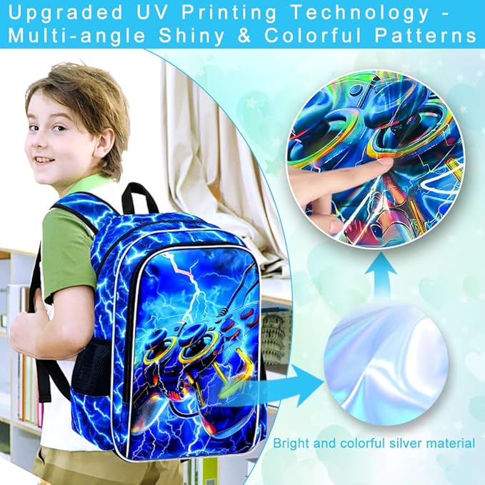 KLFVB 3PCS School Backpack for Kids, 17" Boys Game Bookbag and Lunch Box, Water Resistant Teenagers Backpacks for Middle Elementary - Lightning Game