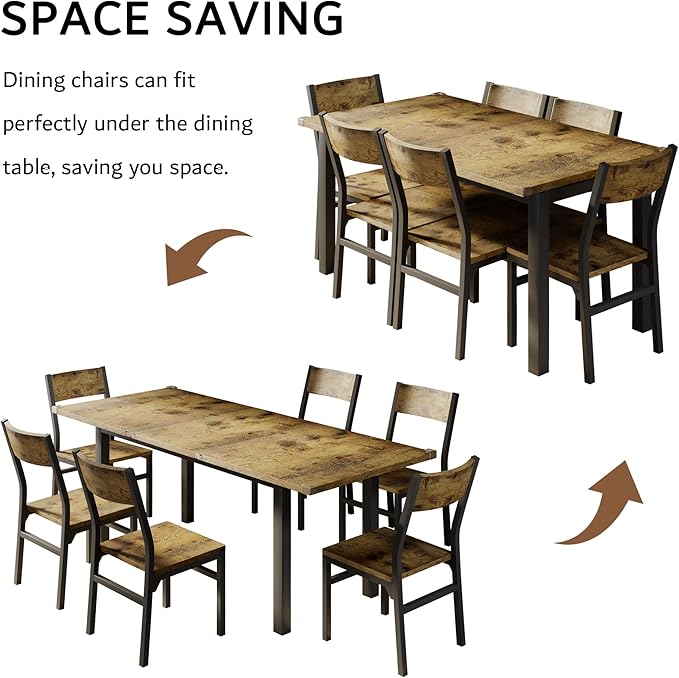 iPormis 7-Piece Dining Table & Chairs Set for 4-6, 63" Extendable Kitchen Table with 6 Chairs, Dining Room Table with MDF Board & Metal Frame, Perfect for Small Space,Easy Assembly, Rustic Brown