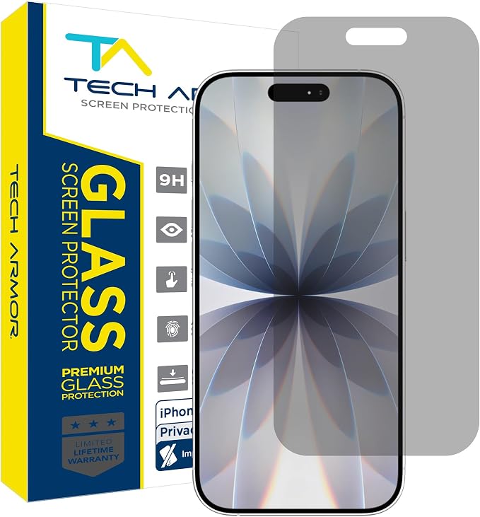 Tech Armor Privacy Glass for iPhone 17 Screen Protector Ballistic 1-Pack | Anti-spy protection 9H tempered bubble-free install case-friendly fit Face ID compatible oleophobic coating