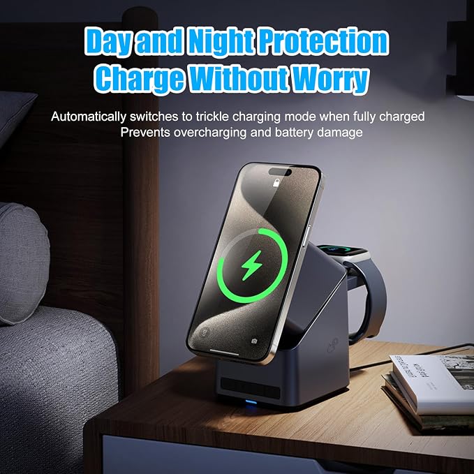 180° Rotating Wireless Charger for iPhone 12-16 15W MagSafe Charging Stand with Auto-Align Smart Trickle Mode Overcharge Protection Day/Night Charging Dock