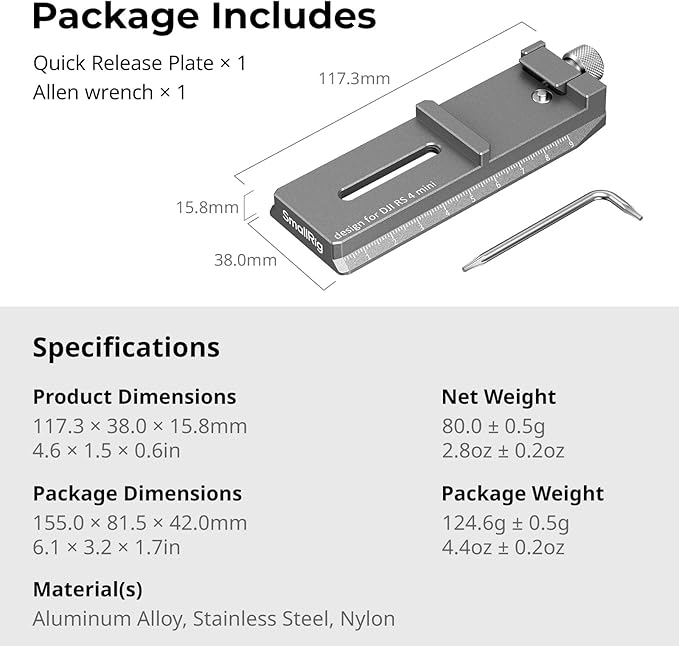 SMALLRIG 4.6'' Quick Release Plate Adapter for Arca-Swiss for DJI RS 4 Mini Gimbal, Anti-Drop Design and Quick Assembly - 5336
