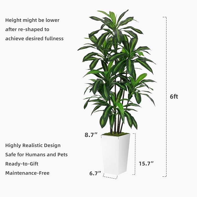 Artificial Dracaena Tree 6FT - Faux Tree with Gray Tall Planter - Fake Tropical Yucca Floor Plant in Pot - Artificial Silk Tree for Home Office Living Room Decor Indoor