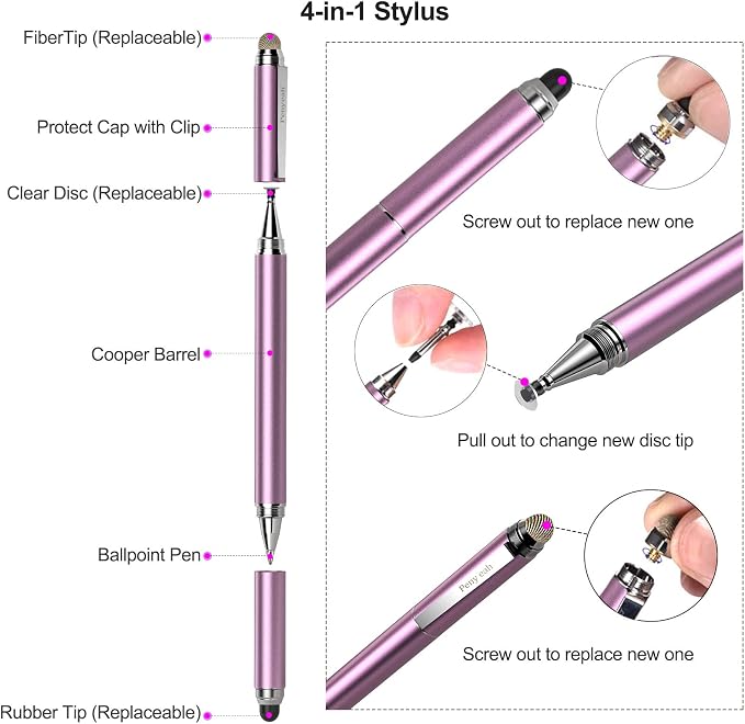 Penyeah Stylus 4-in-1 Stylus Pen for Touch Screen High Precision and Sensitivity DiscMesh2 Sized Rubber Tips Universal for iPhone/iPad/Android/Samsung/HP Tablets All Capacitive Touch Screens-Blue