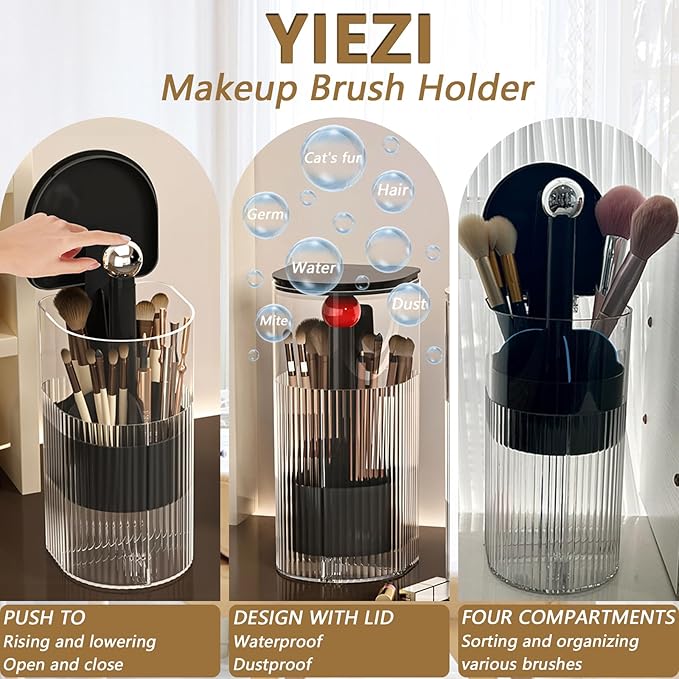 Makeup Brush Holder with Lid, One-Hand Press Open/Close Mechanism Cosmetic Tools Organizer, Clear Waterproof Dustproof Make Up Storage for Vanity, Bathroom Countertop-Black-Silver Ball