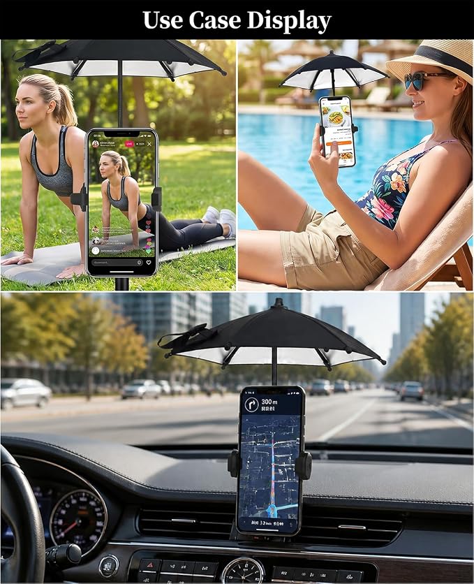 Strong Phone Sunshade Umbrella for iPhone/Android with Sturdy Clip - 360 Adjustable Mini Tanning Shade Cover - UPF 50+ UV Protection - Ultra-Lightweight &amp Compact - Black
