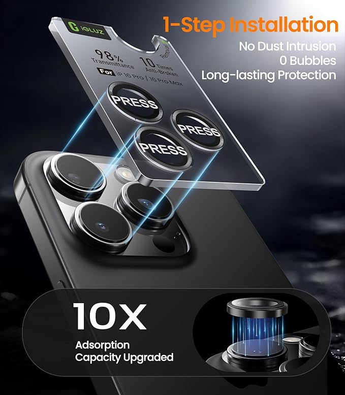 iGluz 2 Pack Anti-Reflection Camera Lens Protector for iPhone 17/16/16 Plus [98% Transmittance][1-Step Installation][Strong Adsorption] 9H Shatterproof Tempered Glass-Black