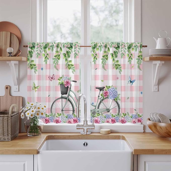 Spring Kitchen Curtains, Bicycles Leaves Butterfly Flowers Pink Buffalo Plaid