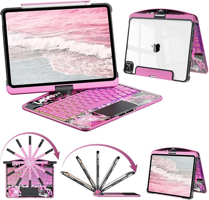 360°Rotation Bluetooth Keyboard Case for iPad 11th Gen（A16）10th 10.9 inch | iPad keyboard case 11/10th generationTouchpadKeyboard Battery Level Visualization360° rotateand 180° flip7-color backlit