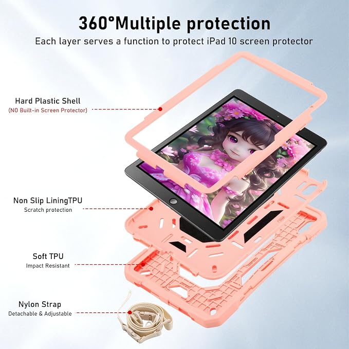 for iPad (A16) 11th Generation Case 11 Inch 2025/ iPad 10th Generation Case 10.9 Inch 2022 with 360 Rotating Grip Magic StandPencil Slot/Key Chain/Carrying Shoulder Strap Cover for iPad 10th Gen