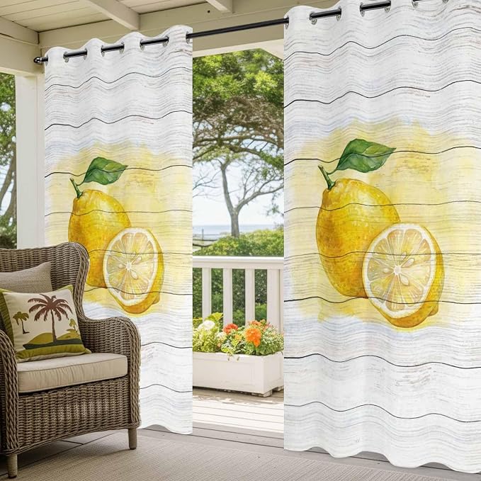 Lemons Yellow Summer Fruit Vintage Wood Outdoor Curtains