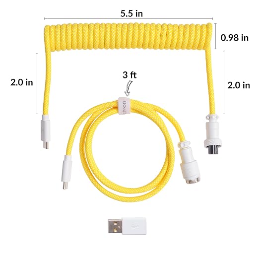 Keychron Custom Coiled Aviator USB-C Cable Black 5-Pin (GX12) Detachable Metal Connector USB-A Adapter Durable Braided Cable for Mechanical Keyboards Charging &amp Data Transfer