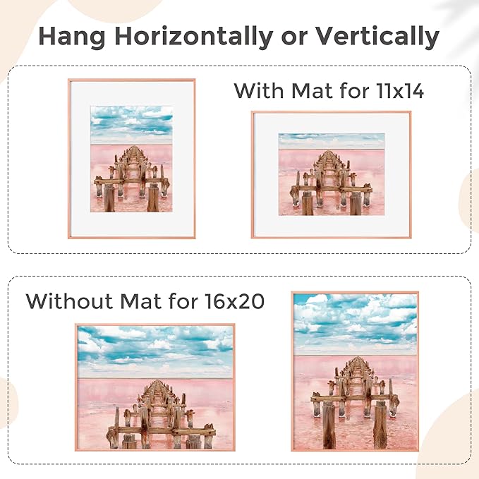 16x20 Metal Picture Frame For Wall With Mat For 11x14, 16''x20'' Aluminum Photo Frames With Tempered Glass, Minimalist Modern Poster Frame Horizontally Vertically Set of 3, Rose Gold