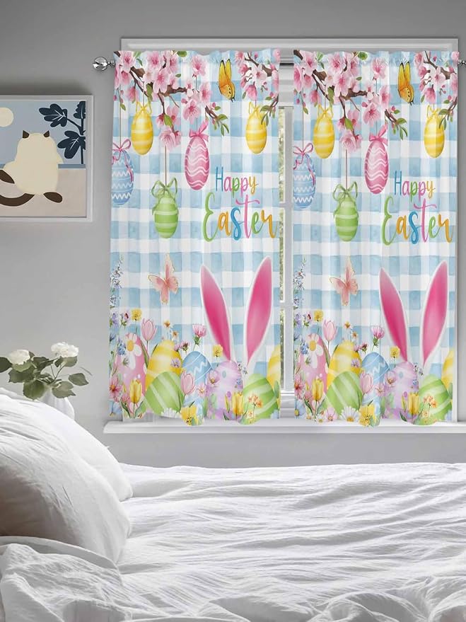 Happy Easter Bedroom Curtains 63 Inches length, Spring Watercolor Bunny Eggs