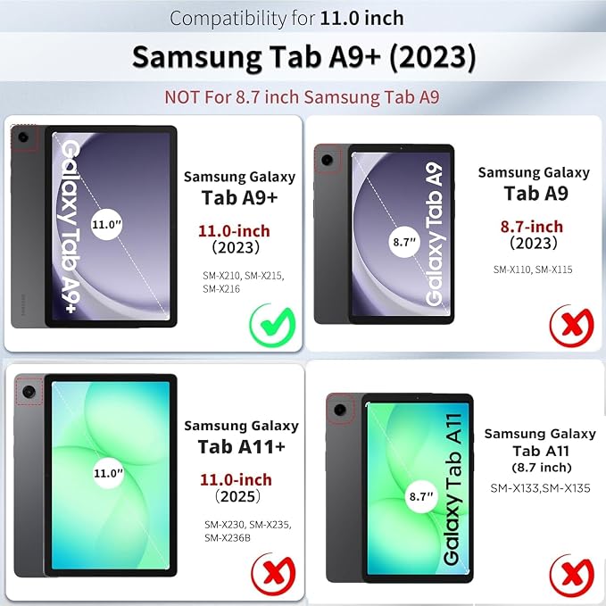 Junfire Clear Case for Samsung Galaxy Tab A9 Plus 11-inch 2023 Shockproof Slim Hard Case for Galaxy Tab A9+ with 360°Rotating Kickstand/Hand Strap/Shoulder Strap-Black