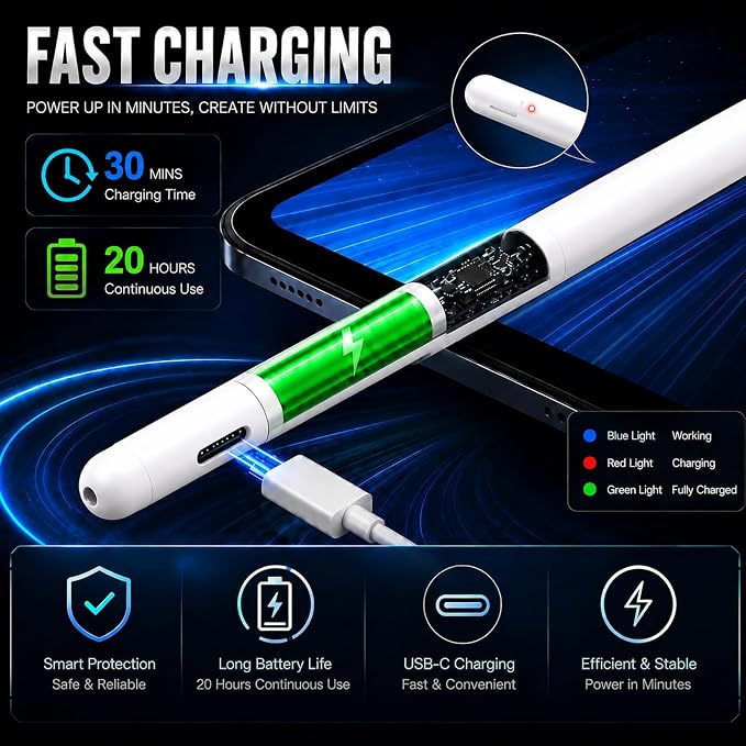 Stylus Pen for iPad Pro with Fast Charging Tilt Function Palm Rejection | Compatible with iPad 2018-2025: Works with iPad Pro Air Mini and iPad models for writing drawing and note-taking