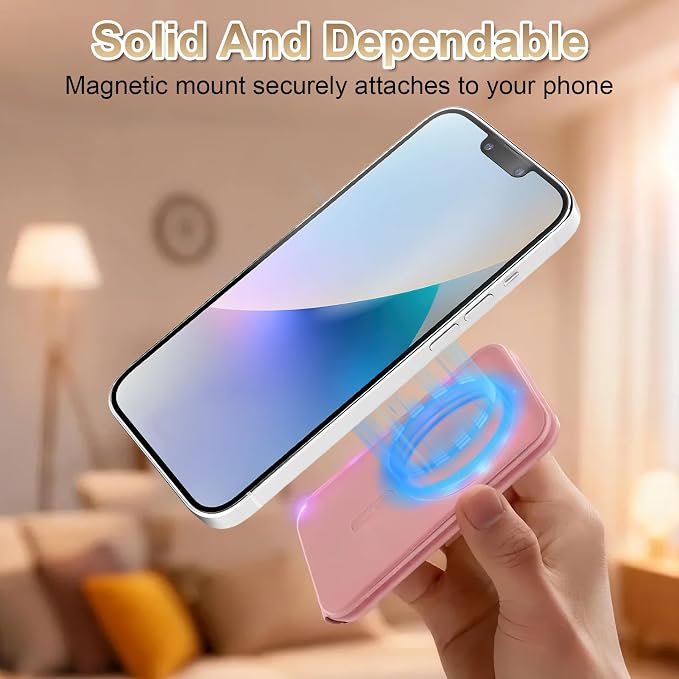 Magnetic Phone Stand Compatible with All Smartphones 17/16/15/14/13/12 Series Slim PU Leather Desk Stand with Angle Adjustment Portable &amp Includes 1 Strong Magnetic Ring for Any Phone(Pink)