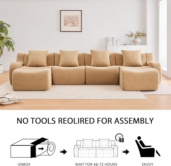Camel 4-Seater Cloud Couch, Modern Teddy Fabric Boneless Sectional Sofa in a Box for Living Room, Modular Floor Couch, Comfortable Deep Seat, No Assembly Required, Sofas para Sala