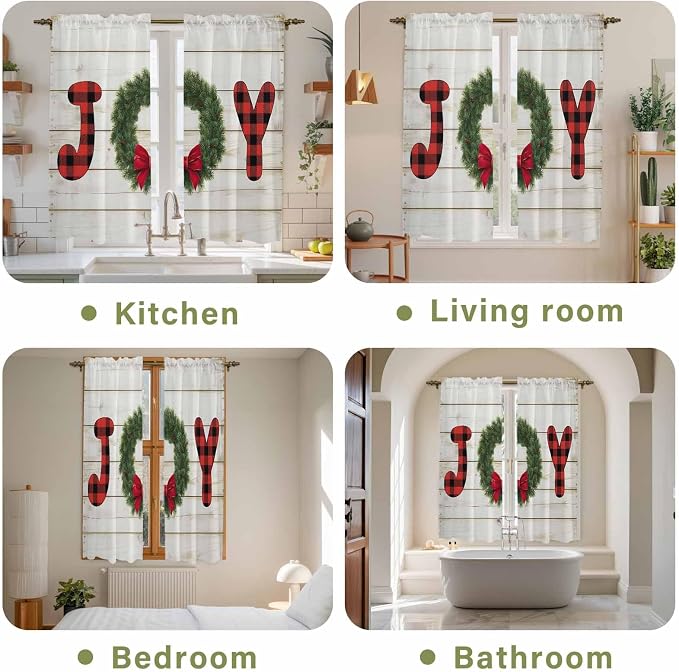 Christmas Wreaths Window Curtains 63 Inch Long 2 Panel Set, Rod Pocket Bedroom