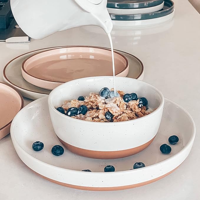 Mora Ceramic Flat Bowls Set of 4-25 oz- For Soup, Salad, Rice, Cereal, Breakfast, Dinner, Serving, Oatmeal, etc - Microwave, Dishwasher and Oven Safe Bowl for Eating and Kitchen- Vanilla & Charcoal