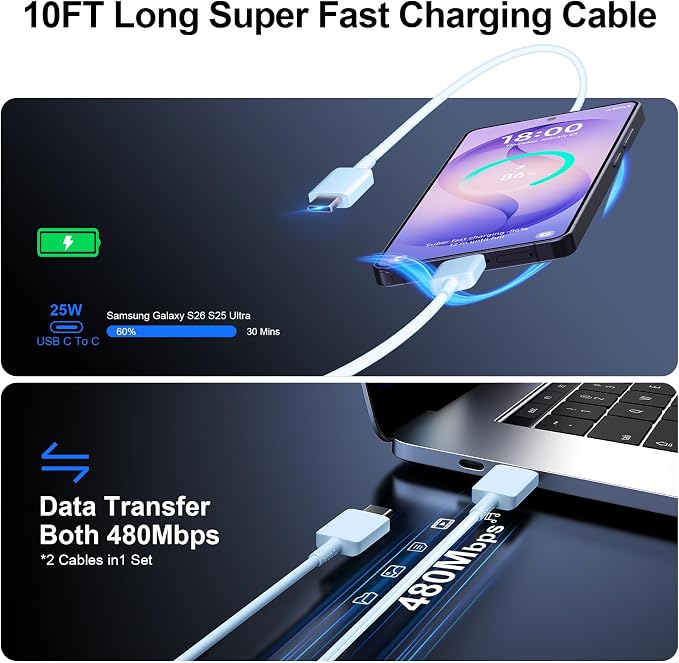 Super Fast Charger Type C 25W USB C Wall Charger Fast Charging for Samsung Galaxy S26 Ultra/S26/S26+/S25 Ultra/S25/24 Ultra/S24/S23 Ultra/S22 Ultra with 10FT Long Android Type C Charger Cable 2Pack