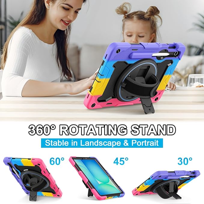 Galaxy Tab S10 Lite/S10 FE/S9 FE 5G/S9 Case 10.9/11 inch | with Screen Protector 360° Rotating Kickstand Hand/Shoulder Strap Heavy Duty Shockproof Cover S Pen Holder Kids Friendly