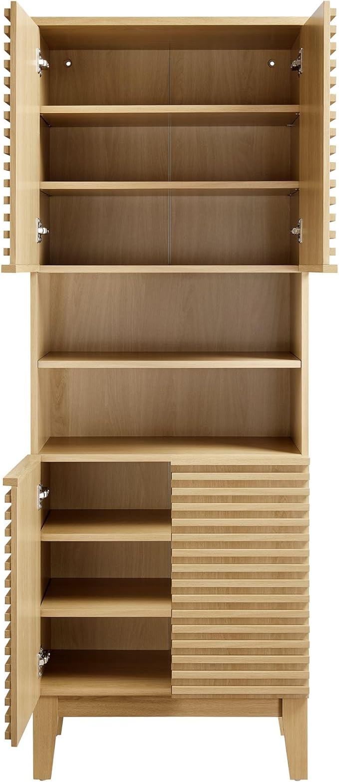 Modway Render Tall Bathroom Storage Tower in Oak - 63” Freestanding Linen Cabinet with Open Shelves and 4 Soft-Close Doors - Towel and Makeup Organizer
