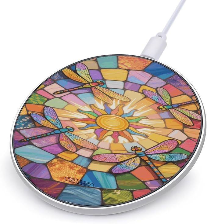 Stained Glass Dragonfly Wireless Charger with USB CableAluminum Alloy Frame 10W Max Compatible Fast Wireless Charging Pad- 3.2ft Cable Included for Travel Home Office Desk
