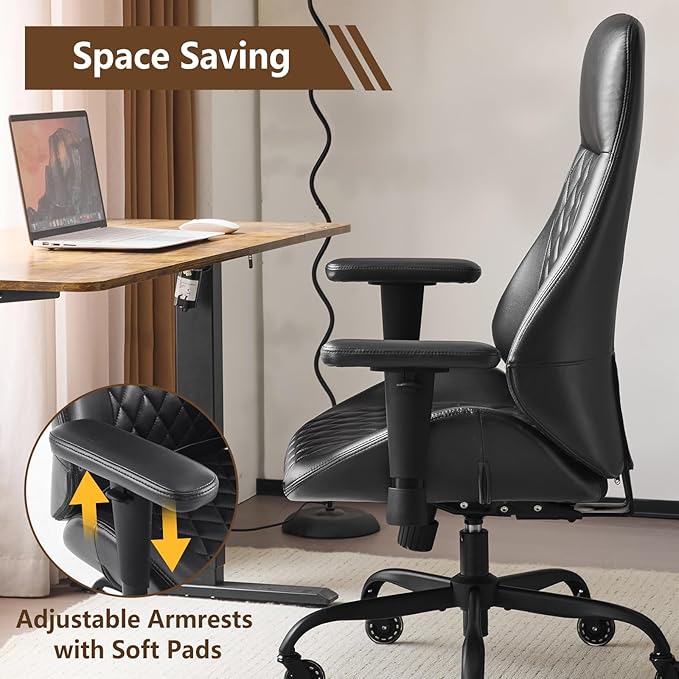 YFO Home Office Desk Chair High Back Office Rubber Chair Casters Ergonomic Computer Chair with Lumbar Support Adjustable Height Rolling Swivel Chair Executive Task Armrests, Black PU