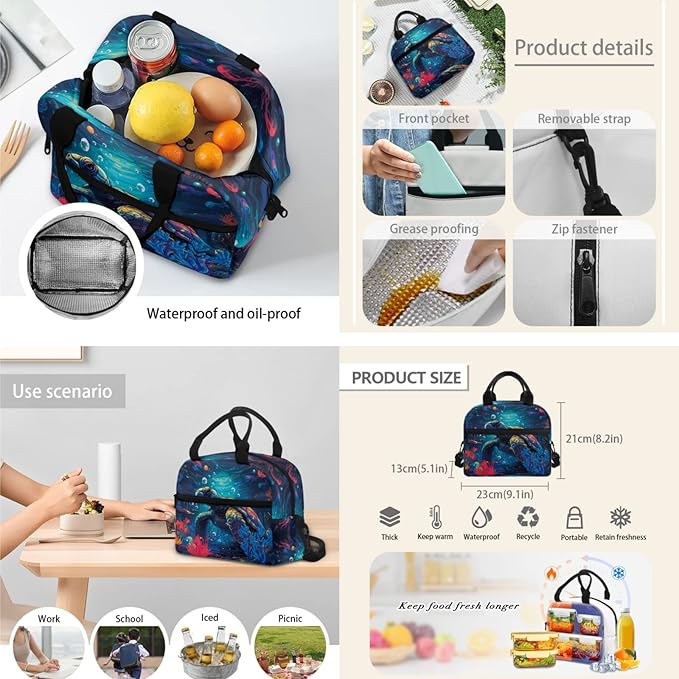 3 Pack Kids Backpack Sets for Girls Boys, Kids School Bookbag with Reusable Insulated Lunch Bag Pencil Case, Cartoon Sea Turtle-blue, One Size