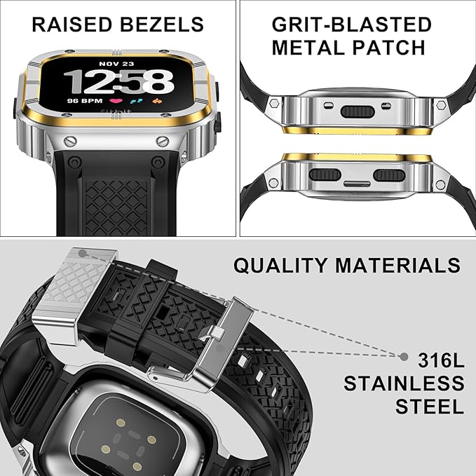 MioHHR Stainless Steel Case and Band Compatible with Fitbit Versa 4/3/2/Lite/Sense/Sense 2 Bands with Metal Case, Rugged Sports Protector Cover Silicone Wristbands for Men, Silver/Gold