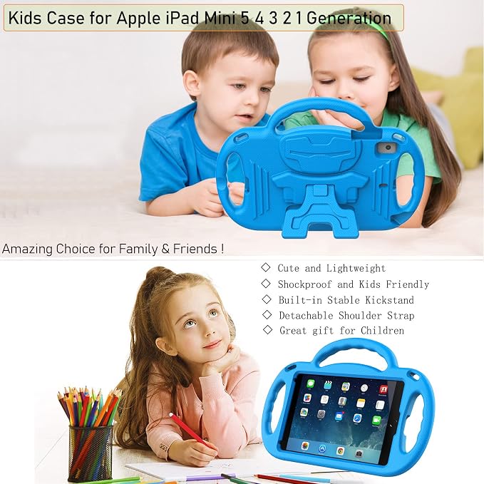 LTROP Kids Case for iPad Mini 5/4/3/2/1 7.9 Inch Case with Shoulder Strap Shockproof Handle Kickstand for iPad Mini 5th/4th/3rd/2nd/1st Generation for Kids Toddler Boys Girls Blue
