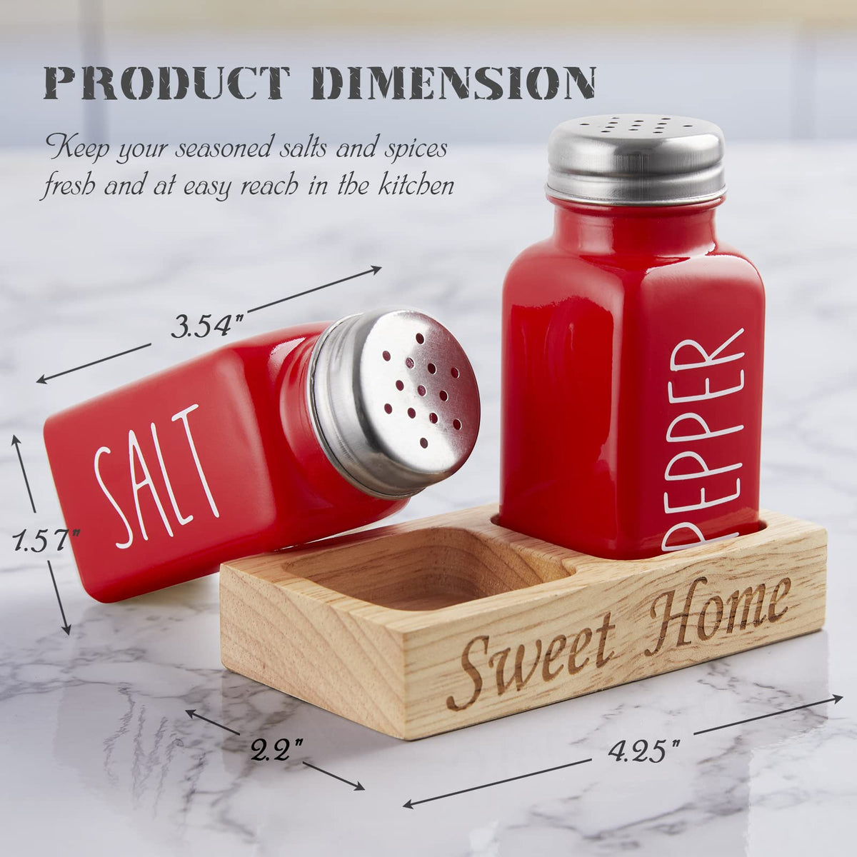 Red Salt and Pepper Shakers Set with Holder - Dopeca Glass Salt Shaker with Wood Tray for Kitchen Counter - Red Kitchen Decor and Accessories - for Christmas Kitchen Housewarming Gift - 2.7 oz