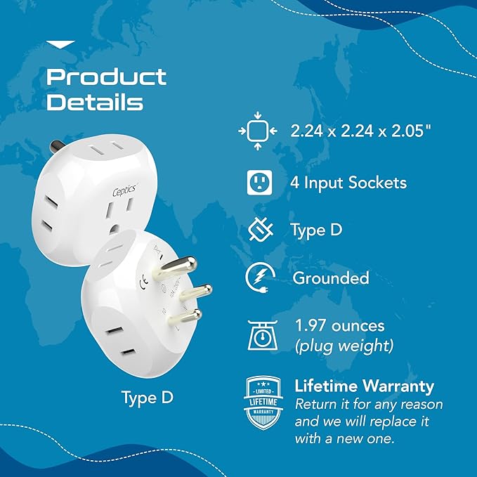 Ceptics India, Pakistan Travel Adapter - 4 Input - Ultra Compact - Light Weight - USA to Any Type D Countries Such as Bangladesh, Maldives and More - 4 Pack (PT-10-4PK)