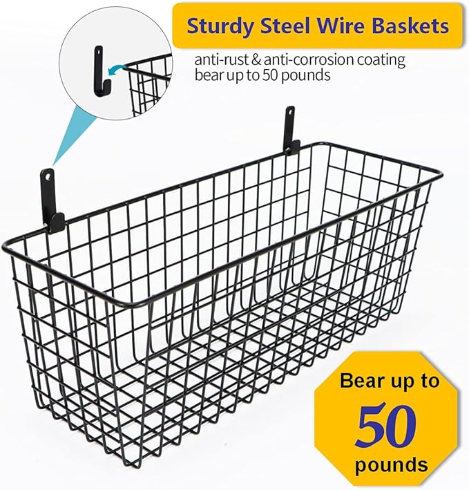Joben Oligey 3 Set [Extra Large] Hanging Wall Baskets ,Wire Basket For Storage Pantry, Farmhouse Food Storage Kitchen Pantry Laundry Closet Garage RV ,Black
