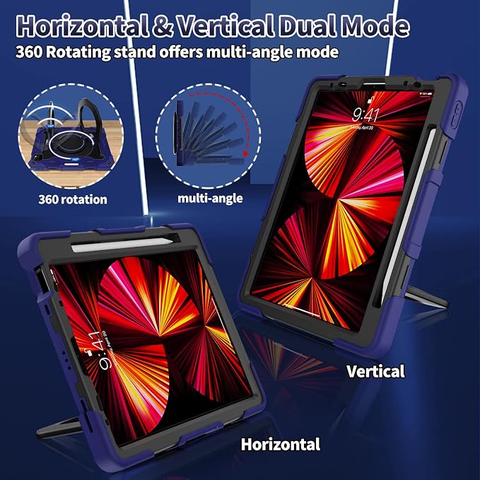 ROISKIN for iPad Pro 11 inch Case (M5/M4 (2025/2024)) Pro 11'' 6th/5th Gen -with HD Screen Protector 360 Kickstand/Handle Shoulder Strap Pen Holder Heavy Duty Military Grade - Kids Friendly
