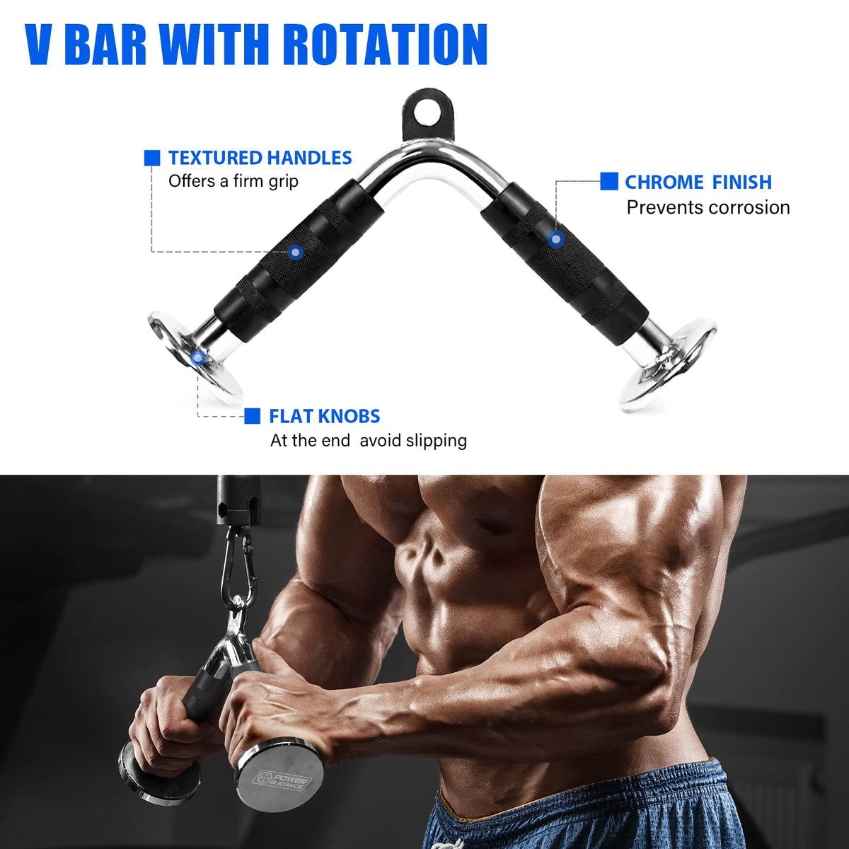 POWER GUIDANCE Cable Machine Attachment, LAT Pulldown Attachments, Cable Attachments for Gym, Home Gym Accessories (3.0 V Handle + Triceps Rope + V-Shaped Bar)