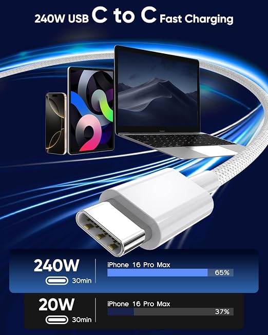 USB C to USB C 240W USB C Cable 2-Pack 10ft C to C Cable Fast Charging for MacBook Pro/MacBook Air iPad Pro/iPad Air iPhone 16 15 Pro Max Plus Samsung GalaxyCompatible 140W/100W/65W/45W/35W/20W
