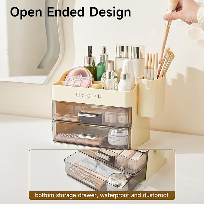 Makeup Organizer for Vanity with Brush Holder, Countertop Organizer with 2 Drawers, Spacious Cosmetic Display Case for Beauty Essential, Skincare, Lipstick