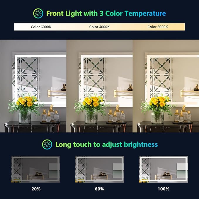 YEELAIT 55x30 Inch RGB LED Bathroom Mirror Front Light and RGB Backlit Lighted Vanity Mirror for Bathroom Wall Mounted Dimmable Anti Fog Memory Shatter-Proof IP54 Waterproof Horizontal/Vertical
